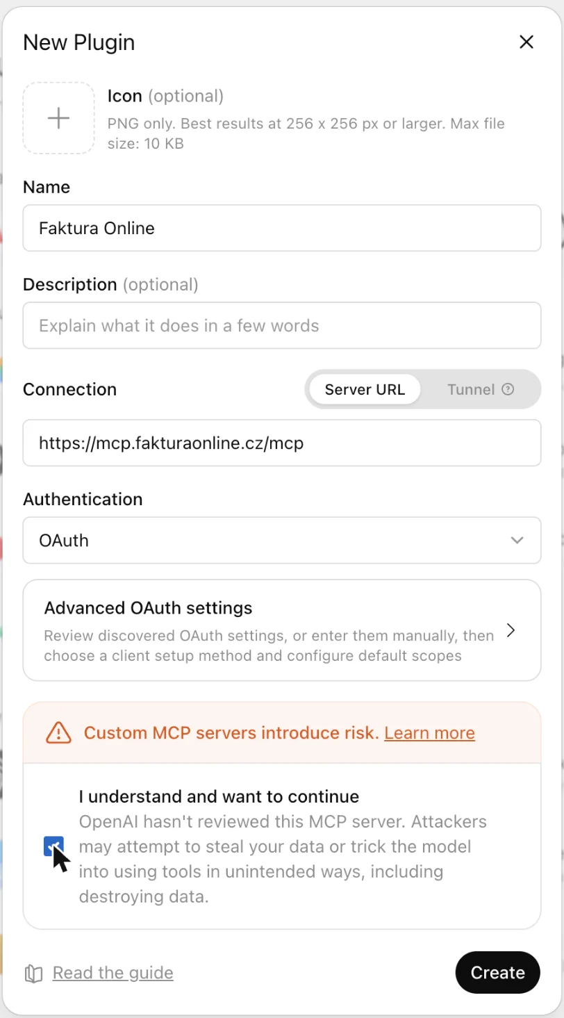 Dialog New Plugin v ChatGPT s vyplněnou adresou MCP serveru