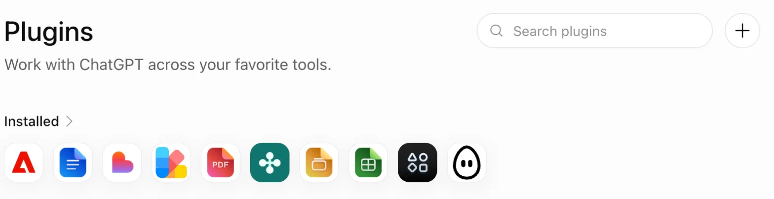 Sekce Plugins v ChatGPT s tlačítkem plus