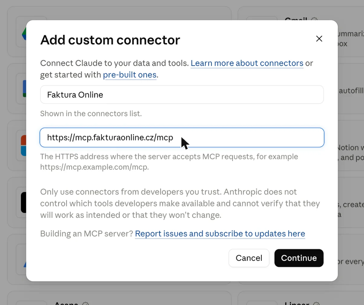 Dialog Add custom connector s vyplněnou adresou MCP serveru